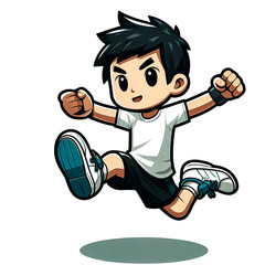 Vector illustration of little boy practicing long jump on white background.