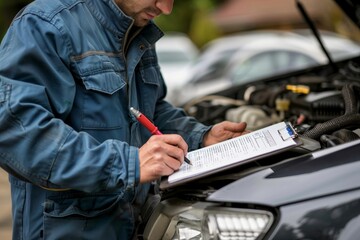Auto mechanic inspecting car engine, creating maintenance checklist on clipboard