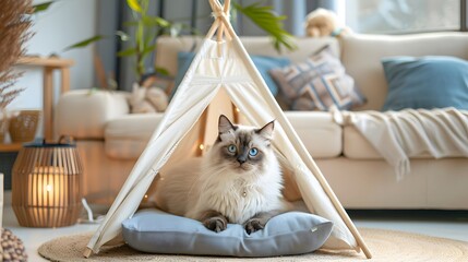A cat tent with white canvas and wooden sticks, placed on the living room floor of an American-style home decorated in light beige tones.
