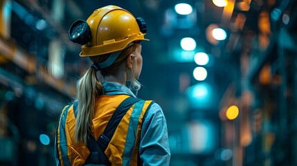 A female worker wearing a yellow helmet and overalls stands in front of the scene, with dark background lights illuminating her face.