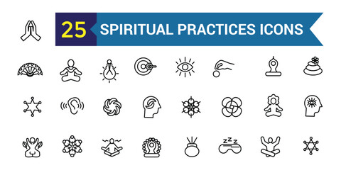 Spiritual practices icons set. Outline set of spiritual practices vector icons for ui design. Outline icon collection. Editable stroke.