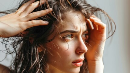 Naklejka premium woman very sad and upset looking at damaged hair, hair loss, hair thinning problem, vitamin deficiency, baldness, postpartum, biotin, zinc, menstrual or endocrine disorders, hormonal imbalance