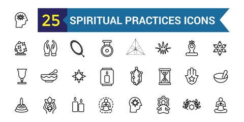 Spiritual practices icons set. Outline set of spiritual practices vector icons for ui design. Outline icon collection. Editable stroke.