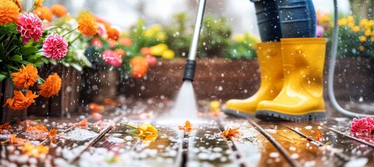 Man using strong high pressure washer to clean wooden floorboards on the terrace