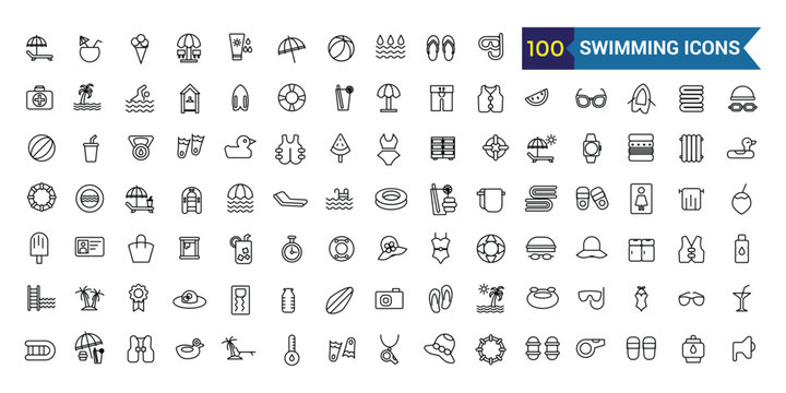 Swimming cap icons set outline vector. Swim pool. Water cap. Outline icon collection. Editable stroke.