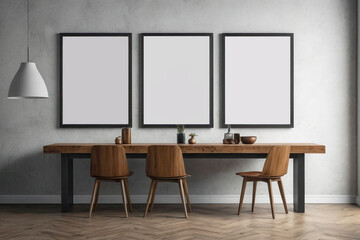 Mockup for posters and banners, three large empty frames on a light wall, minimalistic interior.