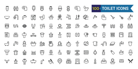 Toilet icons set. Outline set of toilet vector icons for ui design. Outline icon collection. Editable stroke.