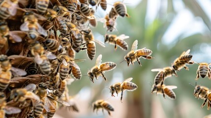Nestled within a palm tree, an organic beehive teems with life as bees buzz around, creating a picturesque scene of nature's harmony.