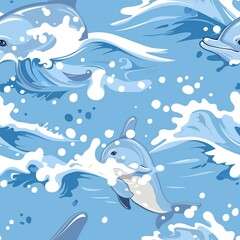Naklejka premium A child drawing a playful dolphin, jumping out of the water with a big splash. Minimal pattern banner wallpaper, simple background, Seamless,