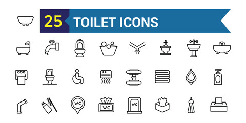 Toilet icons set. Outline set of toilet vector icons for ui design. Outline icon collection. Editable stroke.