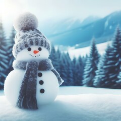 Obraz premium Snowman with hat and scarf on the snowy landscape with blurred fir tree forest background.