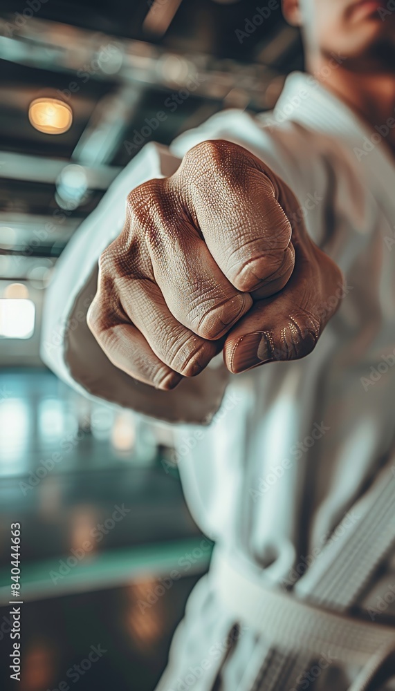 Poster dynamic karate uniform in kata performance, emphasizing form and technique, olympic sport theme