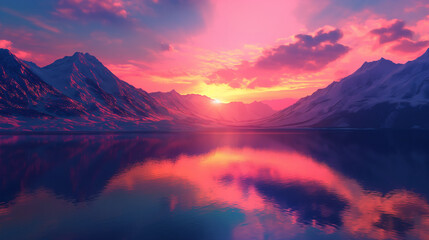 A breathtaking sunset over a serene mountain lake, with vibrant colors reflecting on the water, capturing the beauty of nature.”