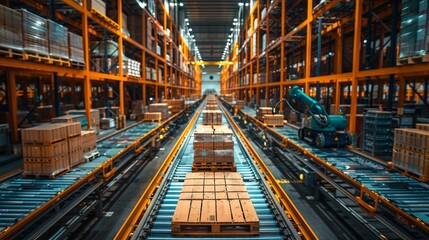 Warehouse with automated sorting systems and robots, illustrating advanced logistics in the industrial sector.