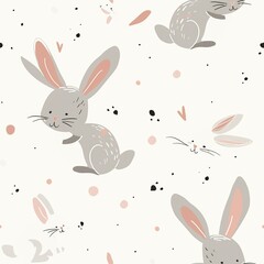 A girl drawing a pair of cute bunnies, with fluffy tails and long ears, using soft pastel colors. Minimal pattern banner wallpaper, simple background, Seamless,