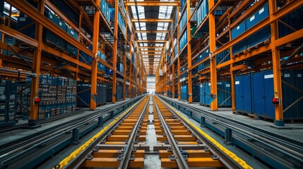 Fototapeta premium Warehouse with automated sorting systems and robots, illustrating advanced logistics in the industrial sector.