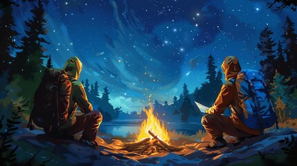 Explorers mapping out their route by a campfire, surrounded by trees, starry night, digital painting