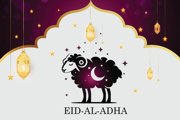  Eid al adha banner. Eid al Adha holiday festival gradient color background design with sheep star and lantern. Golden color. Islamic pattern design. Eid background design. Post