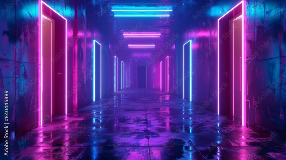 Poster light trial effect way with dark neon building technology background. cyberpunk concept. 3d illustra