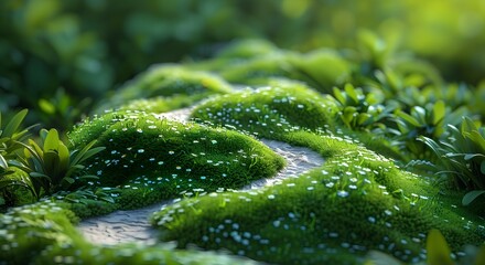 A vibrant nature hill landscape with a winding path through the lush grass