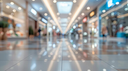 Modern shopping mall with polished floor reflecting lights, stores on both sides, and blurred people in the background, creating a vibrant commercial scene.