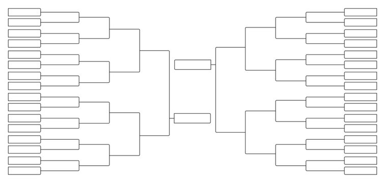 64 team tournament bracket template for championship planning. Ideal for sports events, office pools, and competitive tournaments. Clean and clear layout.