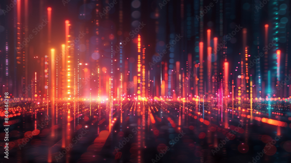 Poster abstract digital background with colorful vertical light streaks against a dark backdrop, creating a