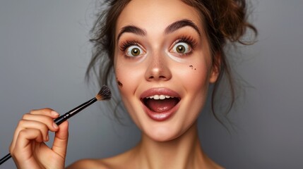 Obraz premium Shiny ideal perfect lady silky eyelashes artist girlish feminine nude concept. Portrait of excited astonished lady using perfect brush for makeup, beauty, cosmetics, skincare