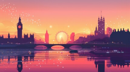 Naklejka premium London and river Thames at sunset. Illustration with communication and business icons, network connections concept