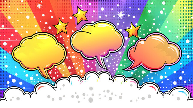 An illustration of three colorful speech bubbles with stars on a rainbow background. Illustration in a comic book style and have a retro feel.