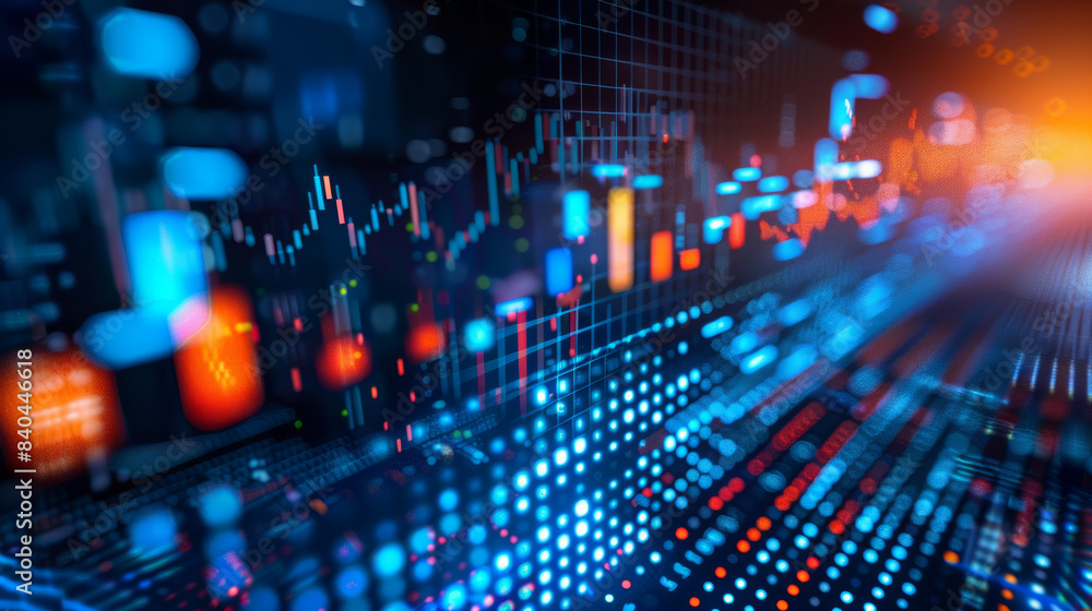 Poster futuristic digital stock market data visualization with glowing graphs and charts. ideal for finance