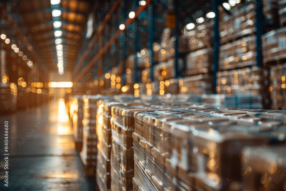 Poster warehouse aisles filled with neatly stacked pallets and boxes, illuminated by warm, golden sunlight 