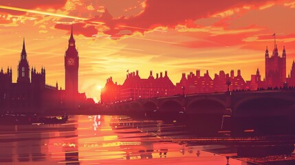 London and river Thames at sunset. Illustration with communication and business icons, network connections concept