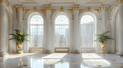 Fototapeta premium A large white room with three arched windows, adorned in gold accents and surrounded by tall columns. The walls feature an elegant architectural design.