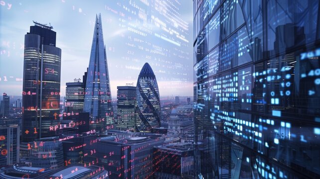 london city skyline with data and computer programming information mapped onto the building facades