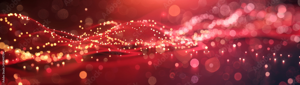 Poster abstract background featuring dynamic waves of glowing lights in red and yellow tones with a bokeh e