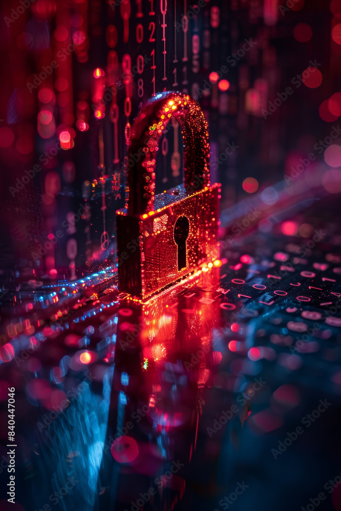 Poster a glowing red padlock symbol amidst binary code background representing cybersecurity, data protecti