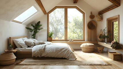 A light wooden and white themed attic bedroom with an extra large window, skylights, plants, and natural wood accents.