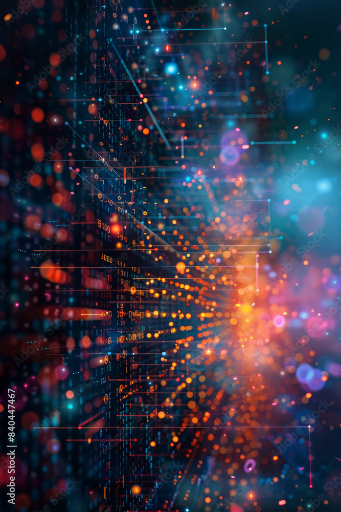Poster futuristic digital abstract background with vibrant data streams and bokeh lights representing techn