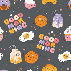 Breakfast sweets and coffee seamless pattern with funny mascot characters. Good morning. Kawaii cartoon hand drawn doodle in colorful palette. Ideal for baby design, prints, packaging, textiles