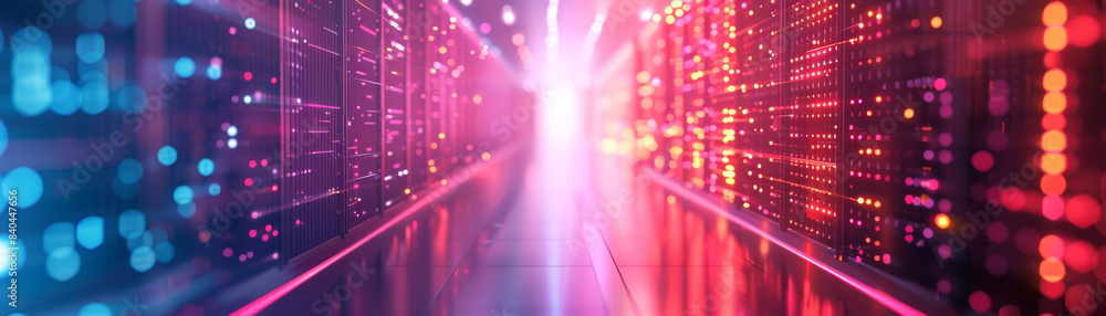 Poster futuristic server room with vibrant lights, showcasing modern technology and advanced data processin