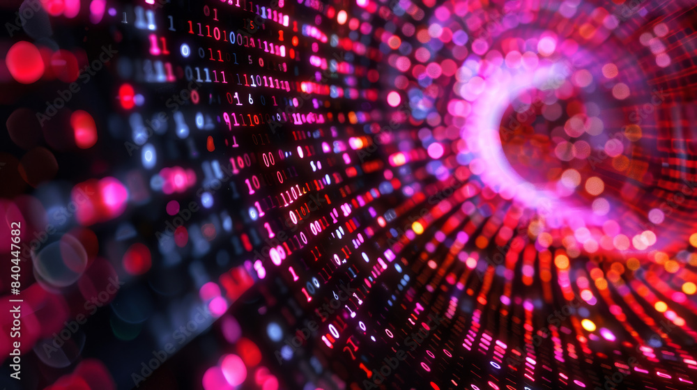 Poster abstract digital tunnel with glowing binary code. futuristic technology concept with vibrant colors 