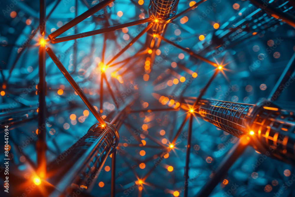 Poster abstract depiction of a futuristic network with glowing connections and complex structures, showcasi