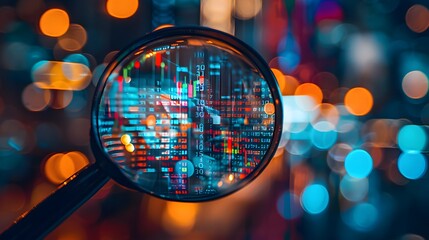 A magnifying glass over an abstract digital stock market graph, with bokeh lights in the background. financial technology innovation and connecting global knowledge to place.
