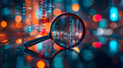 A magnifying glass over an abstract digital stock market graph, with bokeh lights in the background. financial technology innovation and connecting global knowledge to place.