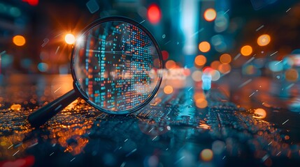 A magnifying glass over an abstract digital stock market graph, with bokeh lights in the background. financial technology innovation and connecting global knowledge to place.