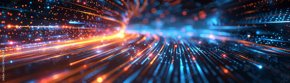 Poster abstract futuristic neon lights forming a dynamic wave pattern in a digital landscape. concept of fa