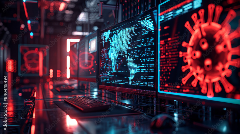 Poster high-tech cybersecurity center with multiple screens displaying virus detection and world maps, emph