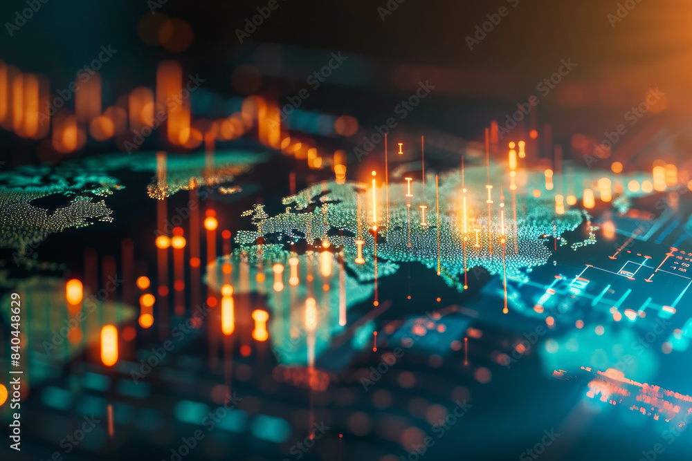 Poster high-tech digital world map with luminous data points representing global technology and network con