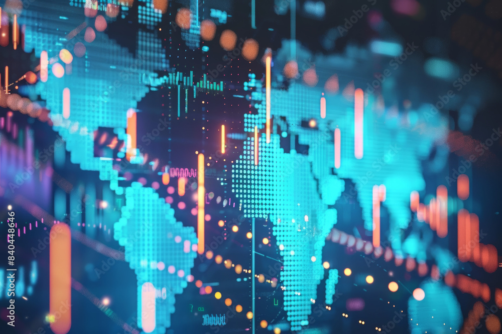 Poster digital world map with colorful data visualization, glowing neon colors, and financial chart lines s